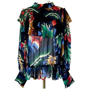 Farm Rio Smocked Ruffle Blouse Black Multi Long Sleeve S